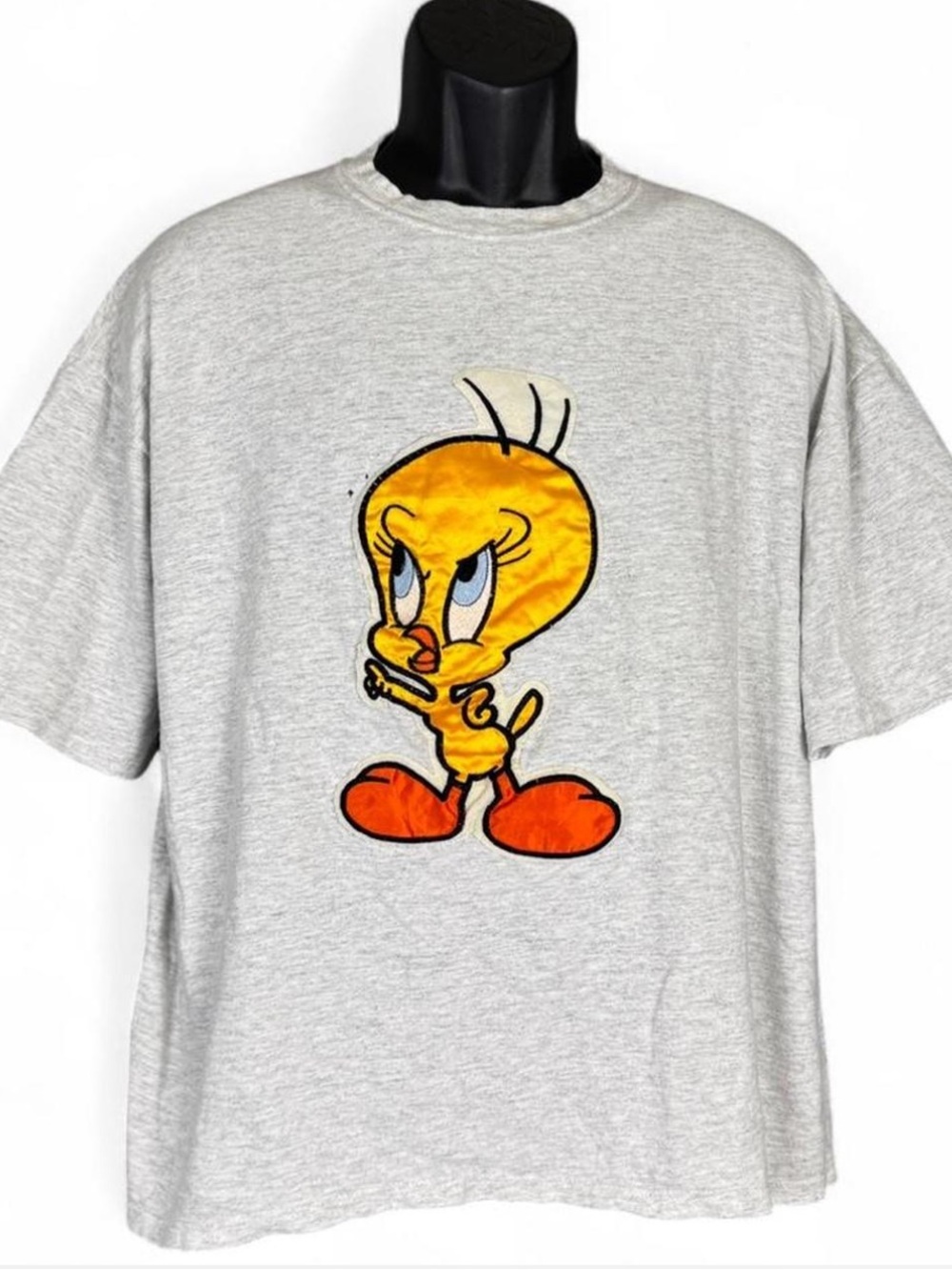 Vtg Early 90s Looney Tunes Tweety Bird Textured Appliqué Boxy Grey Tee Size L